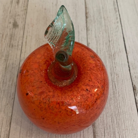Orange Art Glass Weighted Apple Paperweight With Clear Green Stem Leaf 4 1/2” T - Picture 10 of 15